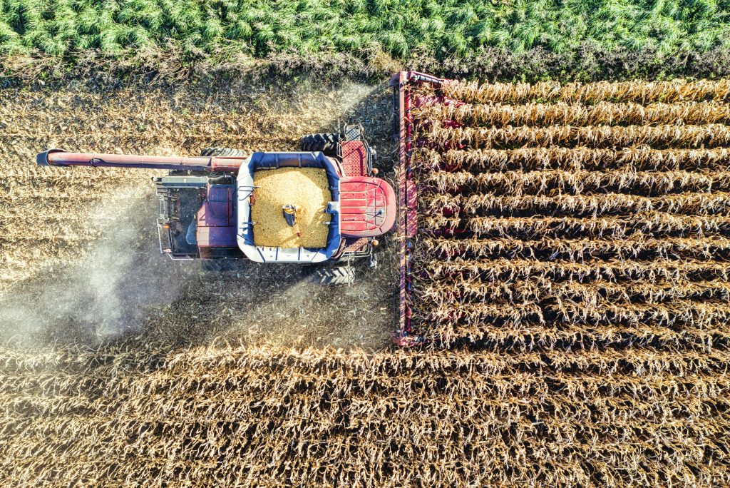 High-angle shot of a combine harvester at work in a cornfield in Minnesota.
